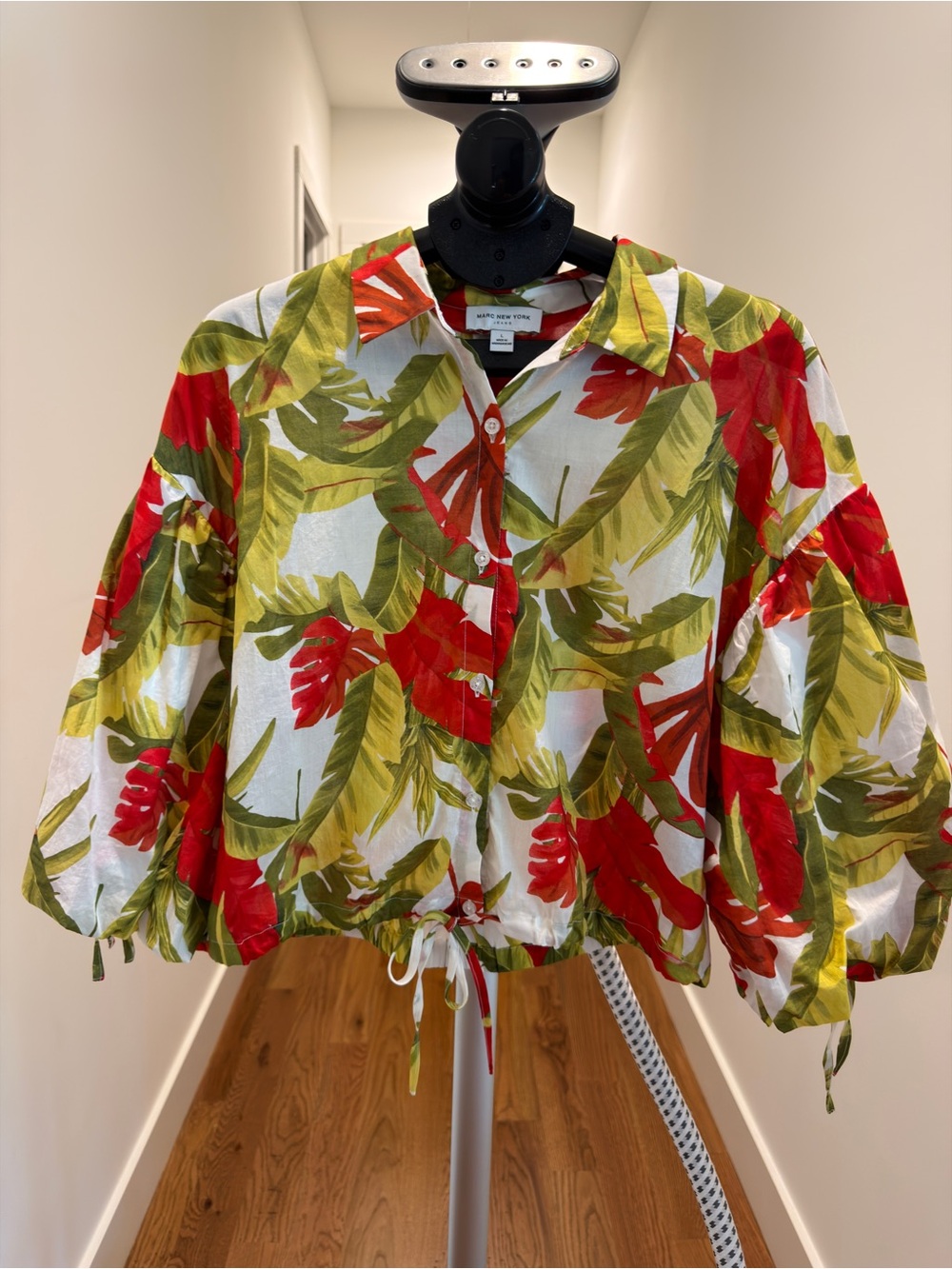 Marc New York Tropical Print Drawstring Hem Button-Up Shirt - Red & Green